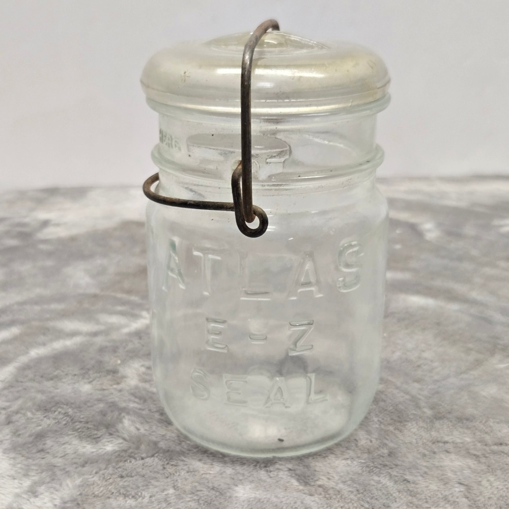 Vintage Atlas EZ Seal Clear Glass Canning Jar with Glass Lid and Wire Bail 5.5in